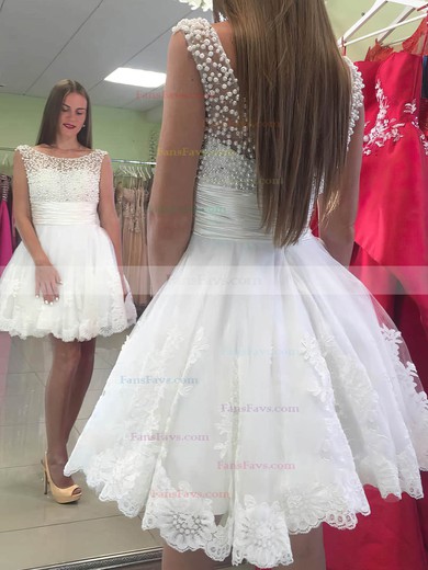 A-line Scoop Neck Lace Tulle Short/Mini Short Prom Dresses With Pearl Detailing #Favs020020111369