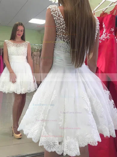 A-line Scoop Neck Lace Tulle Short/Mini Short Prom Dresses With Pearl Detailing #Favs020020111369