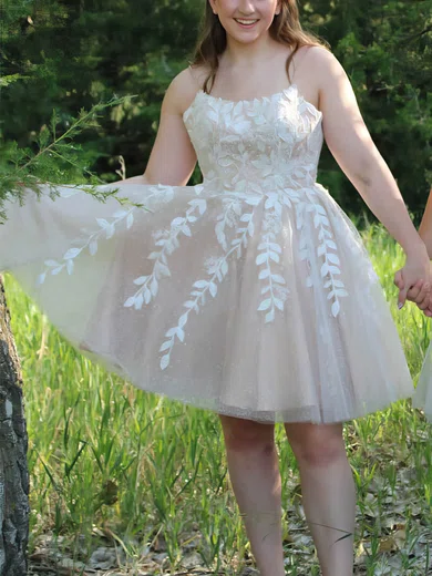 A-line Scoop Neck Tulle Short/Mini Short Prom Dresses With Lace #Favs020020110739