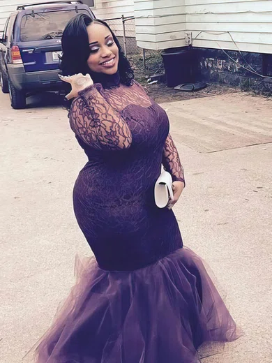 Trumpet/Mermaid High Neck Tulle Floor-length Lace prom dress #Favs020105956