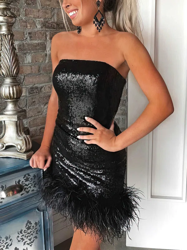 Sheath/Column Strapless Sequined Short/Mini Short Prom Dresses With Feathers / Fur #Favs020020110740