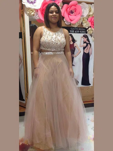 A-line Scoop Neck Tulle Floor-length Beading prom dress #Favs020105964