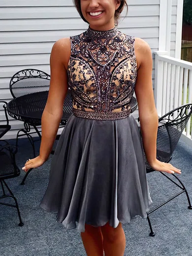 A-line High Neck Chiffon Short/Mini Beading Short Prom Dresses #Favs020020109062