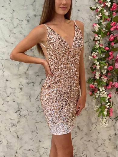 Sheath/Column V-neck Sequined Short/Mini Short Prom Dresses #Favs020020110747