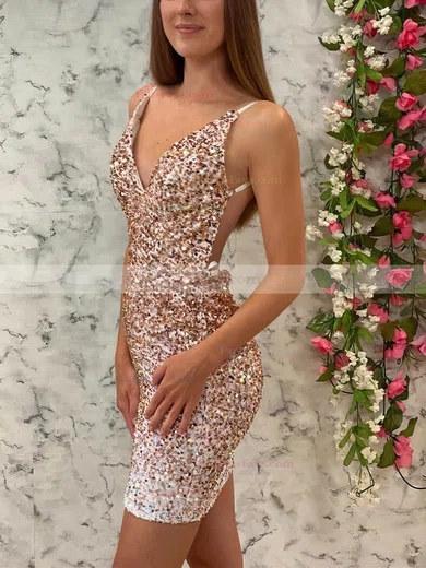 Sheath/Column V-neck Sequined Short/Mini Short Prom Dresses #Favs020020110747