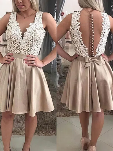 A-line V-neck Lace Silk-like Satin Short/Mini Lace Short Prom Dresses #Favs020020109068