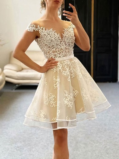 A-line Off-the-shoulder Lace Tulle Knee-length Short Prom Dresses With Appliques Lace #Favs020020111471