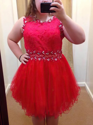 A-line Scoop Neck Tulle Short/Mini Lace Short Prom Dresses #Favs020105973 A-line Scoop Neck Tulle Short/Mini Lace Short Prom Dresses #Favs020105973