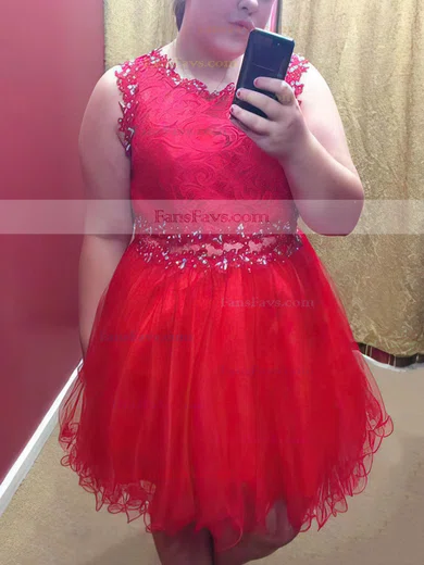 A-line Scoop Neck Tulle Short/Mini Lace Short Prom Dresses #Favs020105973