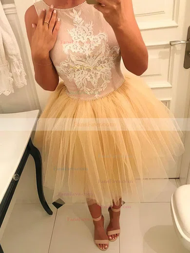 A-line Scoop Neck Tulle Short/Mini Lace Short Prom Dresses #Favs020020109069