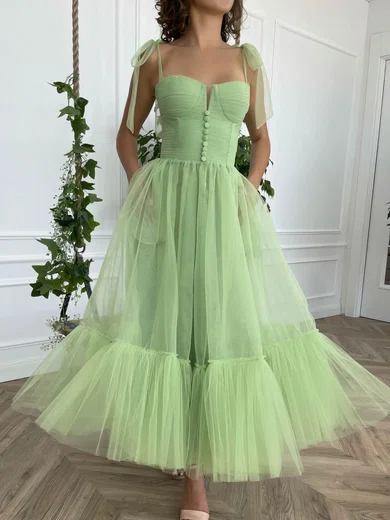 A-line V-neck Tulle Ankle-length Short Prom Dresses With Pockets #Favs020020111473