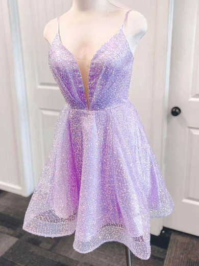 A-line V-neck Glitter Short/Mini Short Prom Dresses With Ruffles #Favs020020109983