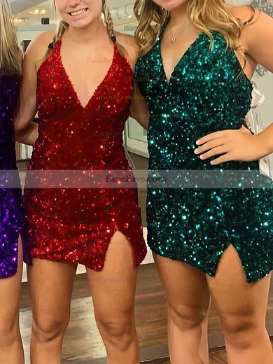 Sheath/Column V-neck Sequined Short/Mini Short Prom Dresses With Split Front #Favs020020110752