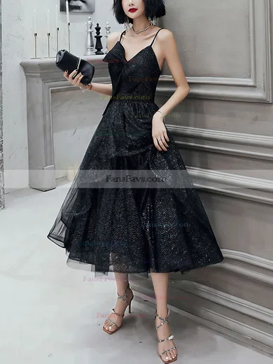 A-line V-neck Glitter Tea-length Short Prom Dresses With Cascading Ruffles #Favs020020111475