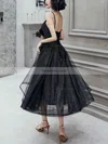 A-line V-neck Glitter Tea-length Short Prom Dresses With Cascading Ruffles #Favs020020111475