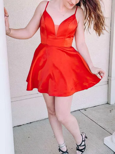 A-line V-neck Satin Short/Mini Short Prom Dresses #Favs020020109986