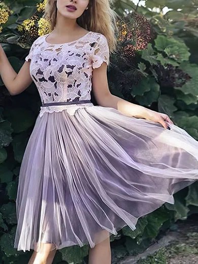 A-line Scoop Neck Lace Tulle Short/Mini Sashes / Ribbons Short Prom Dresses #Favs020020109074