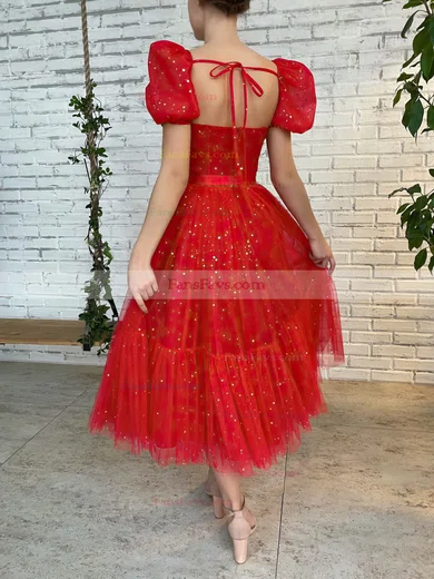 A-line Sweetheart Tulle Ankle-length Short Prom Dresses With Sashes / Ribbons #Favs020020111477