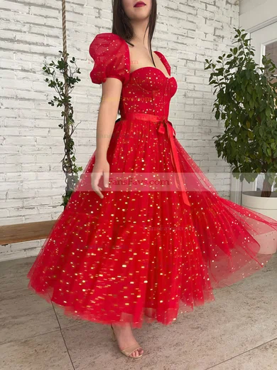 A-line Sweetheart Tulle Ankle-length Short Prom Dresses With Sashes / Ribbons #Favs020020111477