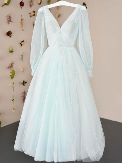 A-line V-neck Tulle Tea-length Short Prom Dresses With Buttons #Favs020020111479