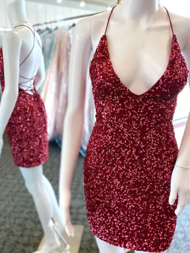 Sheath/Column V-neck Sequined Short/Mini Short Prom Dresses #Favs020020110757
