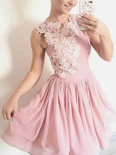 A-line Scoop Neck Chiffon Short/Mini Lace Short Prom Dresses #Favs020020109078