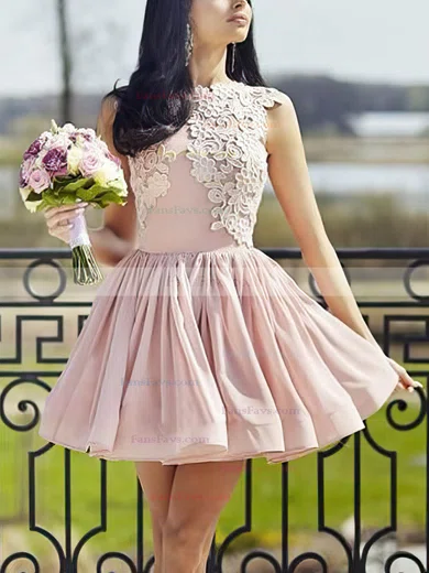A-line Scoop Neck Chiffon Short/Mini Lace Short Prom Dresses #Favs020020109078