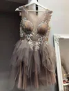 A-line Scoop Neck Tulle Short/Mini Short Prom Dresses With Beading #Favs020020111480