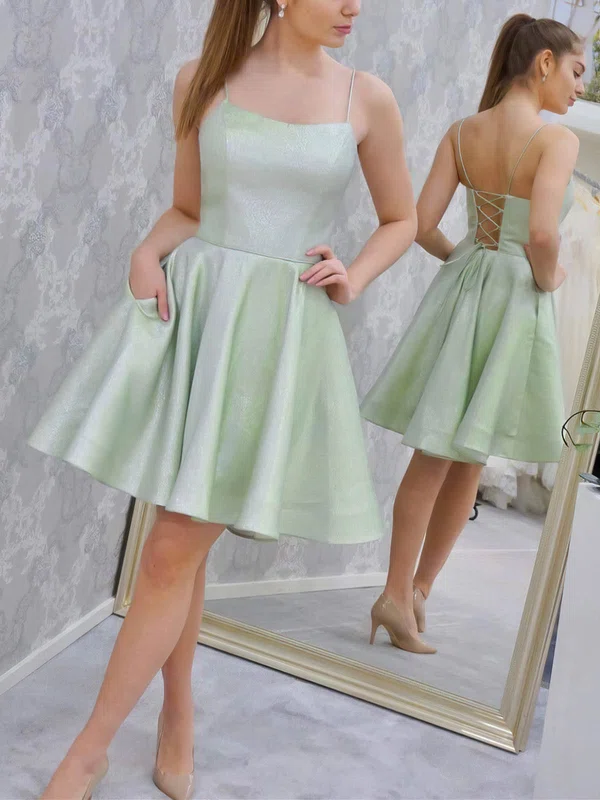 A-line Scoop Neck Satin Short/Mini Short Prom Dresses With Pockets #Favs020020109991