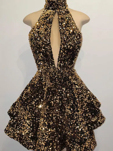 A-line Halter Sequined Short/Mini Short Prom Dresses With Tiered #Favs020020110760