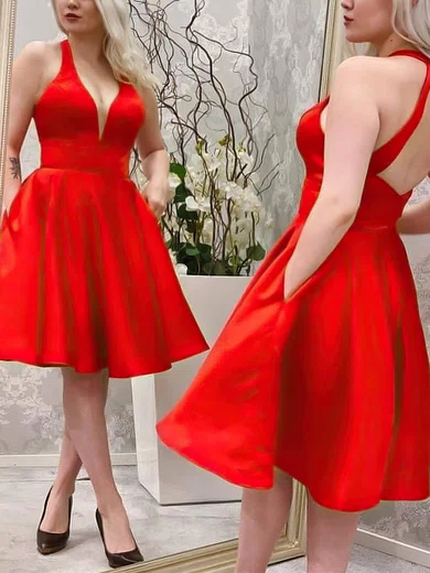 A-line V-neck Satin Knee-length Short Prom Dresses With Pockets #Favs020020109992