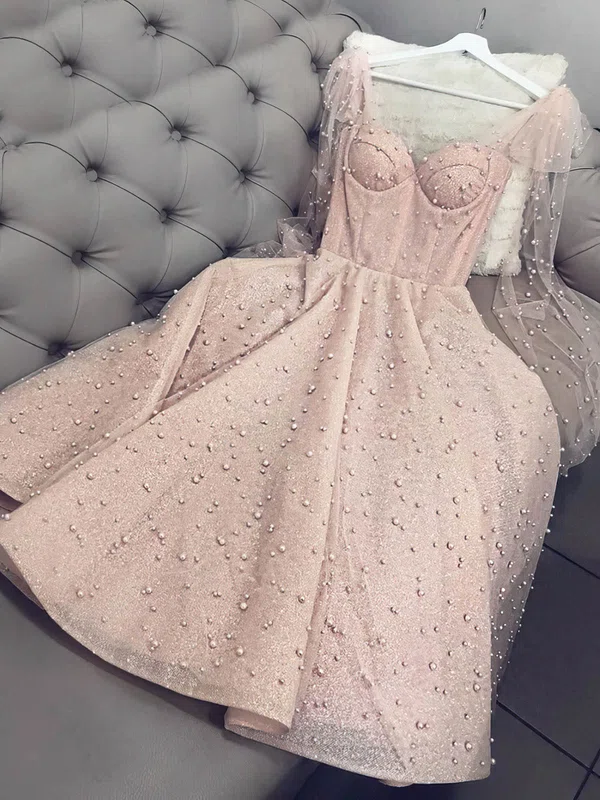 A-line V-neck Glitter Tea-length Short Prom Dresses With Pearl Detailing #Favs020020111483