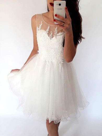 A-line Scoop Neck Tulle Short/Mini Lace Short Prom Dresses #Favs020020109082