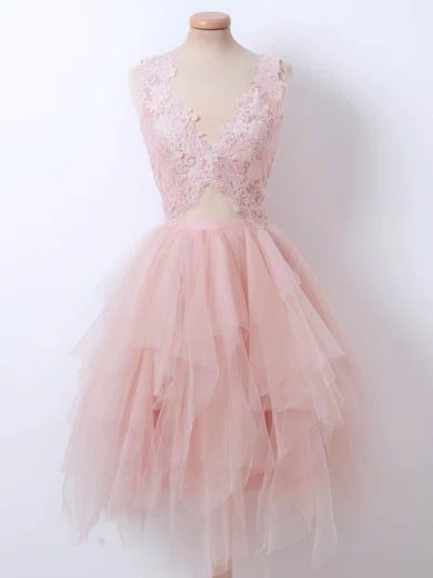 A-line V-neck Lace Tulle Knee-length Short Prom Dresses With Appliques Lace #Favs020020111487