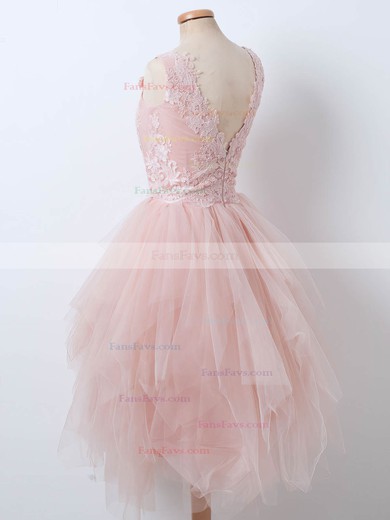 A-line V-neck Lace Tulle Knee-length Short Prom Dresses With Appliques Lace #Favs020020111487