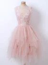 A-line V-neck Lace Tulle Knee-length Short Prom Dresses With Appliques Lace #Favs020020111487