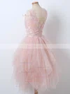 A-line V-neck Lace Tulle Knee-length Short Prom Dresses With Appliques Lace #Favs020020111487