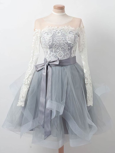 A-line Scoop Neck Tulle Lace Knee-length Short Prom Dresses With Bow #Favs020020111488