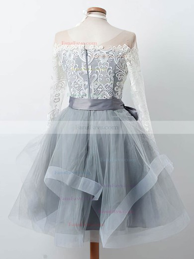 A-line Scoop Neck Tulle Lace Knee-length Short Prom Dresses With Bow #Favs020020111488