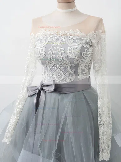 A-line Scoop Neck Tulle Lace Knee-length Short Prom Dresses With Bow #Favs020020111488