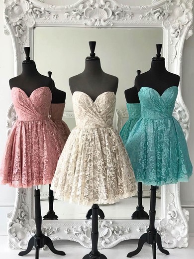 A-line Sweetheart Tulle Lace Short/Mini Short Prom Dresses #Favs020020111489