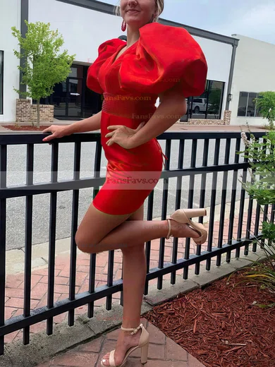 Sheath/Column V-neck Satin Short/Mini Short Prom Dresses With Sashes / Ribbons #Favs020020110766