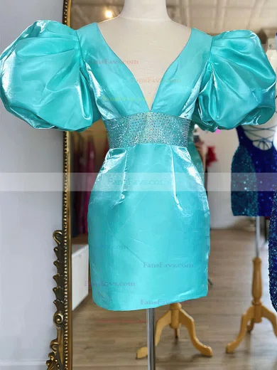 Sheath/Column V-neck Satin Short/Mini Short Prom Dresses With Sashes / Ribbons #Favs020020110766