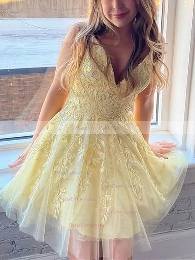 A-line V-neck Tulle Lace Short/Mini Short Prom Dresses With Appliques Lace #Favs020020111492