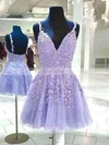 A-line V-neck Tulle Lace Short/Mini Short Prom Dresses With Appliques Lace #Favs020020111492