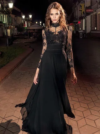 A-line High Neck Lace Chiffon Floor-length Appliques Lace Prom Dresses #Favs020106030
