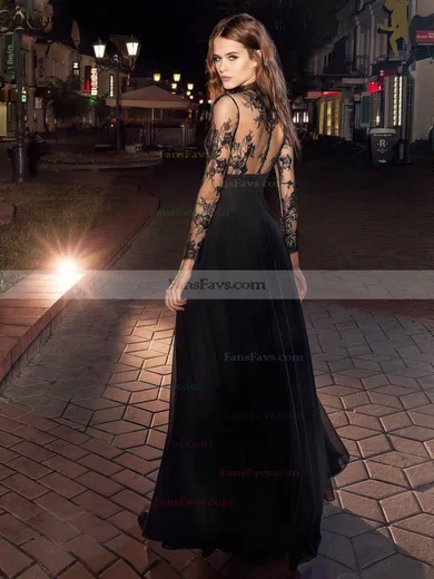 A-line High Neck Lace Chiffon Floor-length Appliques Lace Prom Dresses #Favs020106030