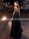 A-line High Neck Lace Chiffon Floor-length Appliques Lace Prom Dresses #Favs020106030