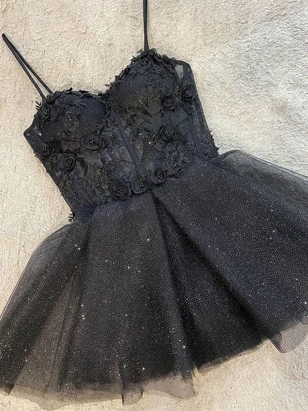 A-line V-neck Glitter Short/Mini Short Prom Dresses With Appliques Lace #Favs020020111493
