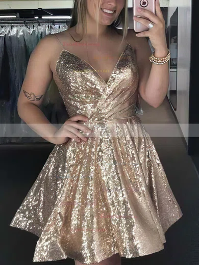 A-line V-neck Sequined Short/Mini Short Prom Dresses With Ruffles #Favs020020110001